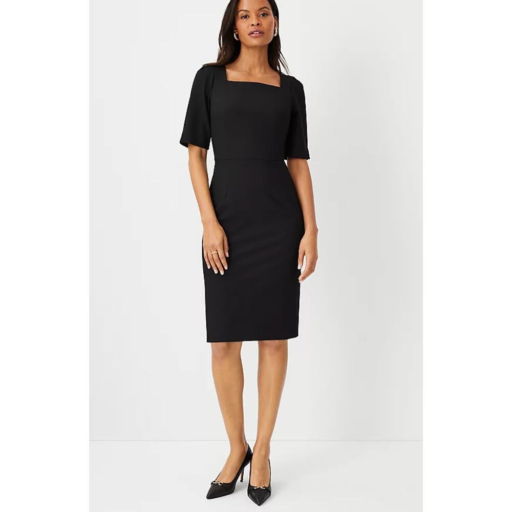Ann Taylor NWOT Petite Elbow Sleeve Square Neck Dress Seasonless Stretch Black